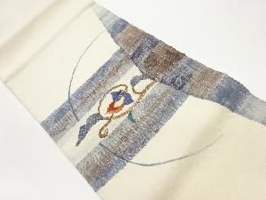 手織り真綿紬横段に花唐草模様織出し名古屋帯